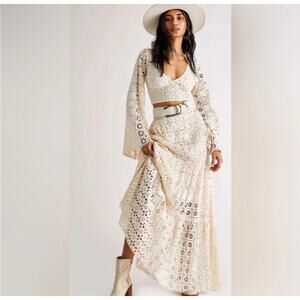 BHLDN x FP ONE Yesenia Eyelet Skirt Top Set Boho Cottage Bridal Cream Large